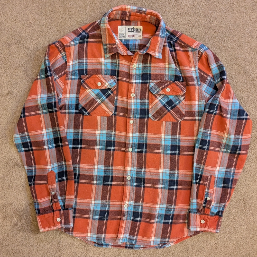 Urban Pipeline Men's 100% Cotton Flannel Button Down Shirt Orange Plaid Medium